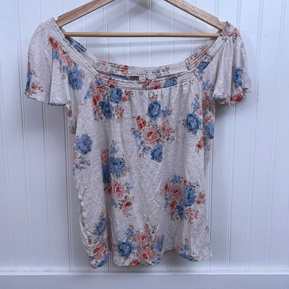 LOFT Women's Blouse Floral Cottagecore Smocked Square Neck 100% Linen White M